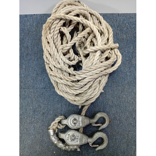 63 - A vintage JET brand block and tackle pulley systems with rope and hooks