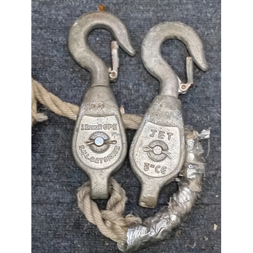 63 - A vintage JET brand block and tackle pulley systems with rope and hooks