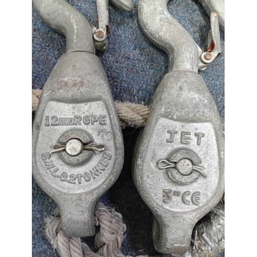 63 - A vintage JET brand block and tackle pulley systems with rope and hooks