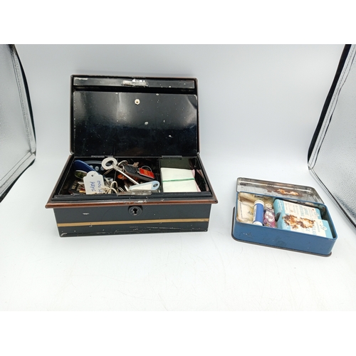 89 - A vintage security box full of keys & a vintage motorists first aid tin with contents.