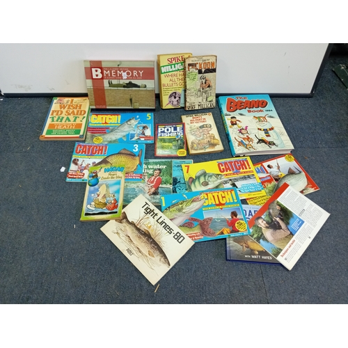 94 - A collection of vintage books. To include fishing guides, The Beano