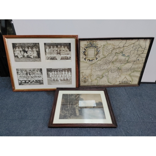 108 - A trio of prints. To include Saxton's map of Northamptonshire, Riverside scene featuring  women & Bi... 