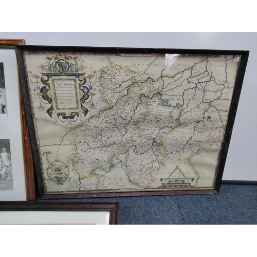108 - A trio of prints. To include Saxton's map of Northamptonshire, Riverside scene featuring  women & Bi... 