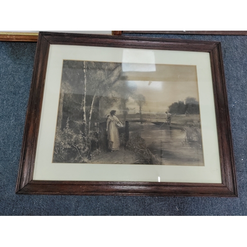 108 - A trio of prints. To include Saxton's map of Northamptonshire, Riverside scene featuring  women & Bi... 