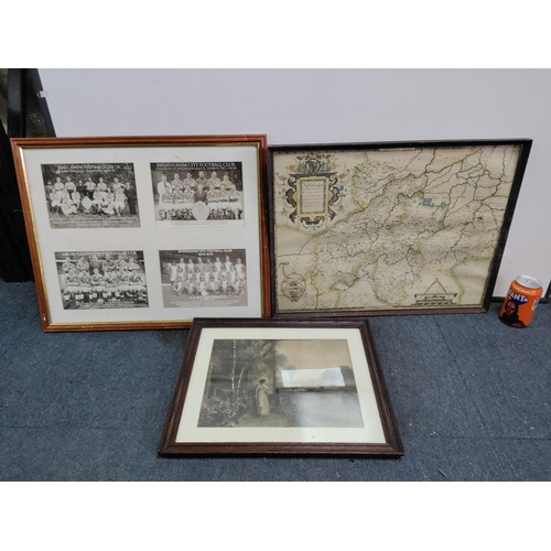 108 - A trio of prints. To include Saxton's map of Northamptonshire, Riverside scene featuring  women & Bi... 