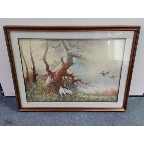 110 - A framed oil on canvas painting depicting a dog in a forest scene - Measures 85cm x 60cm