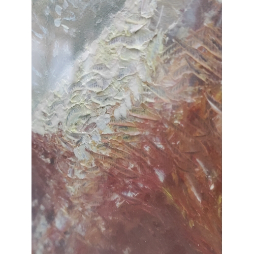 110 - A framed oil on canvas painting depicting a dog in a forest scene - Measures 85cm x 60cm