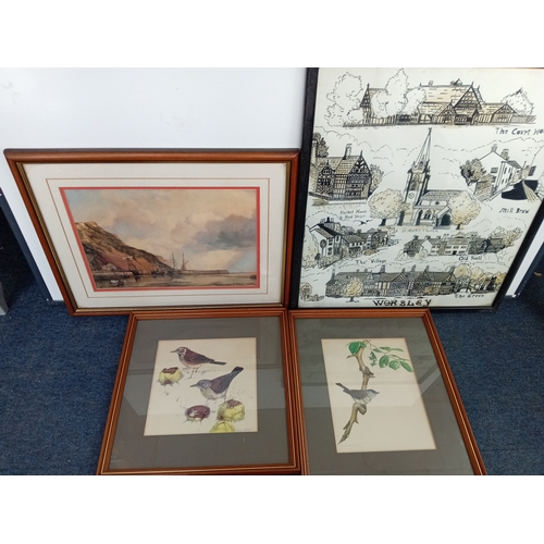 111 - A collection of prints depicting birds by Denise Wheeler, harbour with boats, Wersley