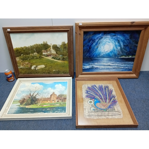 112 - A collection of 4 framed art pieces, primarily featuring landscape scenes and a decorative peacock s... 