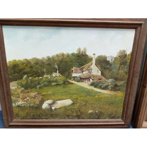 112 - A collection of 4 framed art pieces, primarily featuring landscape scenes and a decorative peacock s... 