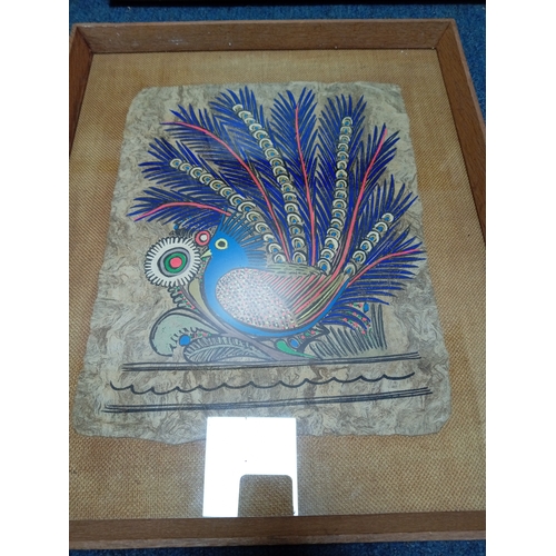 112 - A collection of 4 framed art pieces, primarily featuring landscape scenes and a decorative peacock s... 