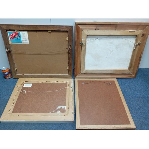 112 - A collection of 4 framed art pieces, primarily featuring landscape scenes and a decorative peacock s... 