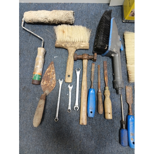 3 - A job lot of tools specifically decorating tools to include paint brushes, wallpaper brushes, a floa... 