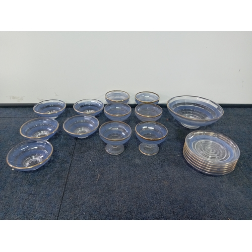 8 - A collection of blue & gold rimmed glassware. To include plates, bowls, etc...