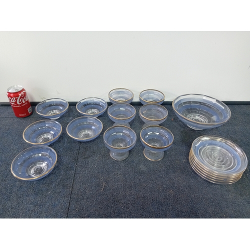 8 - A collection of blue & gold rimmed glassware. To include plates, bowls, etc...