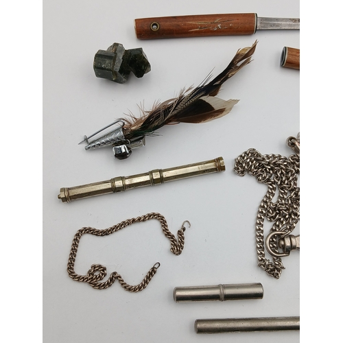 15 - A small collection to include a knife with a wooden sheath, a crucifix, a stone set feather brooch, ... 