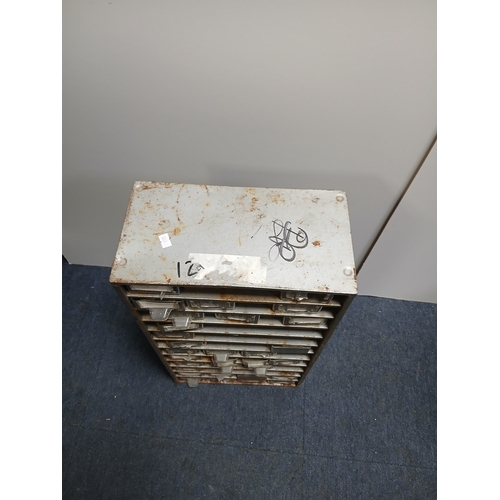 16 - A metal multi drawer cabinet with various vintage motorbike parts and tools. Measures Height 21 inch... 