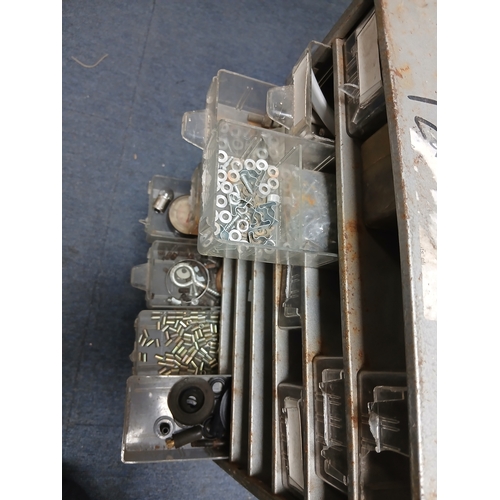 16 - A metal multi drawer cabinet with various vintage motorbike parts and tools. Measures Height 21 inch... 