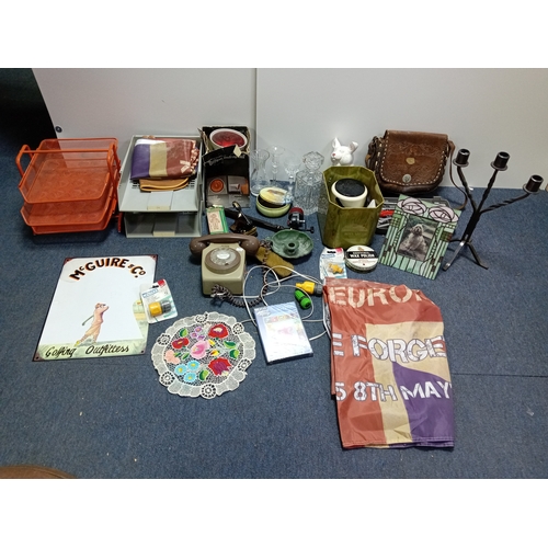 23 - A box of odds. To include leather bag, Tiffany style photo frame, cut glass, document tray, candelab... 