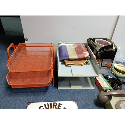 23 - A box of odds. To include leather bag, Tiffany style photo frame, cut glass, document tray, candelab... 