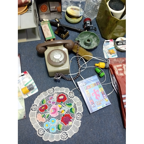 23 - A box of odds. To include leather bag, Tiffany style photo frame, cut glass, document tray, candelab... 