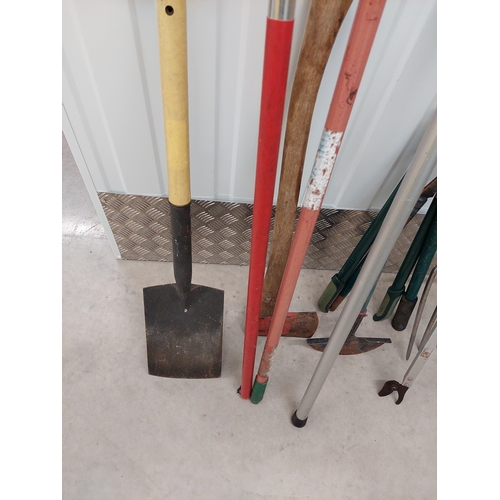 45 - A collection of gardening tools to include spade, axe, pruners, tree loppers etc.