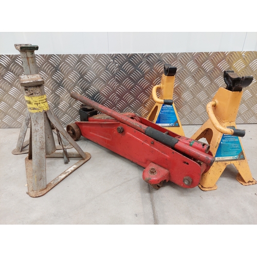 52 - A vintage trolley jack possibly 2 tonne, together with 2 pairs of axle stands.