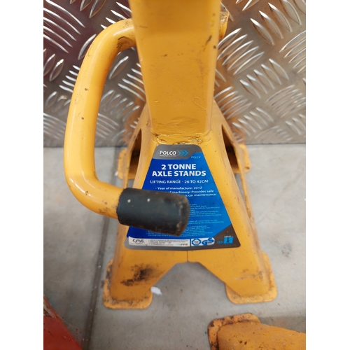 52 - A vintage trolley jack possibly 2 tonne, together with 2 pairs of axle stands.
