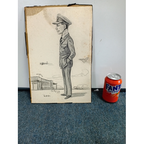 100 - A original drawing depicting an RAF uniformed serviceman, probably a pilot stood next to airplanes a... 