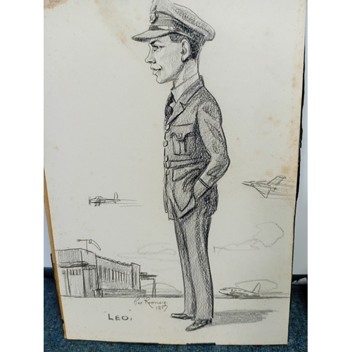 100 - A original drawing depicting an RAF uniformed serviceman, probably a pilot stood next to airplanes a... 