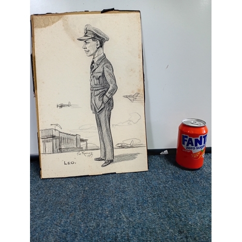 100 - A original drawing depicting an RAF uniformed serviceman, probably a pilot stood next to airplanes a... 