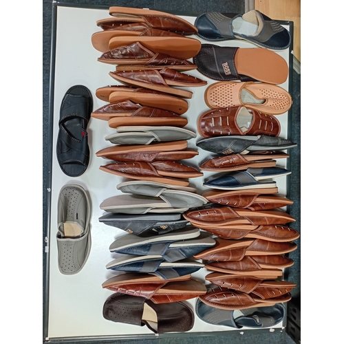 212 - A large collection of men's new leather slippers. APX 35 pairs. mixed sizes.