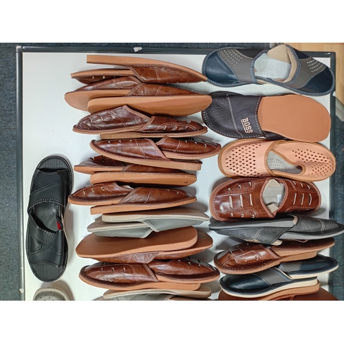 212 - A large collection of men's new leather slippers. APX 35 pairs. mixed sizes.