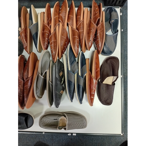 212 - A large collection of men's new leather slippers. APX 35 pairs. mixed sizes.