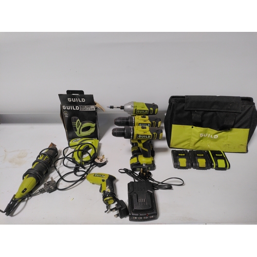 66 - A Guild 18V cordless power tool combo set, which includes six tools, batteries, and a charger. all w... 