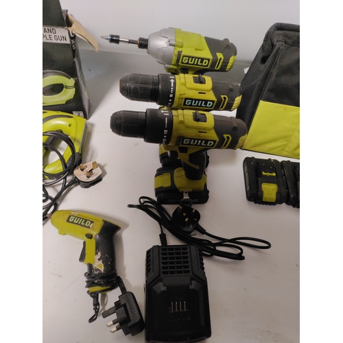 66 - A Guild 18V cordless power tool combo set, which includes six tools, batteries, and a charger. all w... 