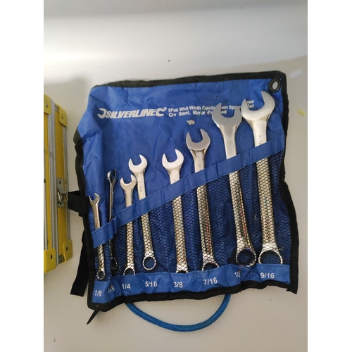 70 - 2 spanner sets and a socket set with a yellow hard shell case. Height 3.5 inches x width 15.5 inches... 