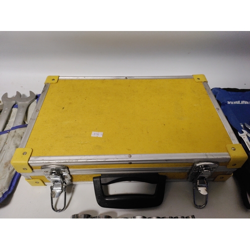 70 - 2 spanner sets and a socket set with a yellow hard shell case. Height 3.5 inches x width 15.5 inches... 