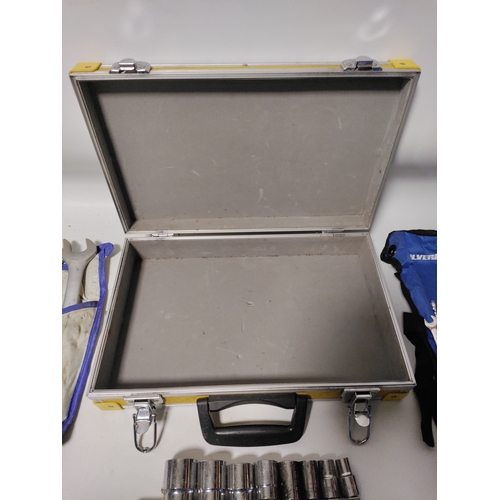 70 - 2 spanner sets and a socket set with a yellow hard shell case. Height 3.5 inches x width 15.5 inches... 