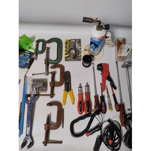 77 - A large collection of tools to include, screwdrivers, clamps, spanners, drill bits and more.