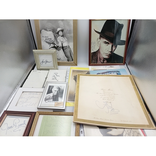 107 - A job lot of signed celebrity memorabilia to include, Marilyn Monroe, Jane Russell, Charlton Heston,... 