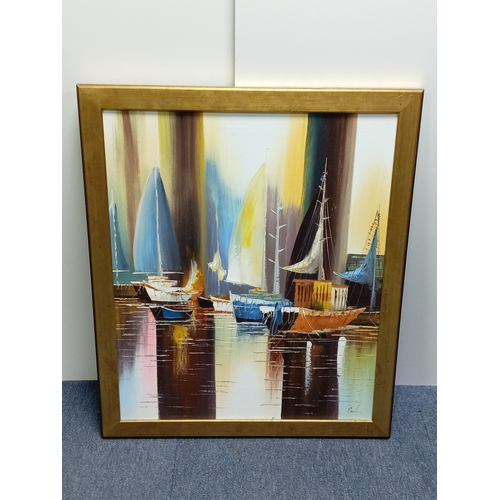109 - A framed abstract oil painting depicting boats in a harbour; bearing the signature of 