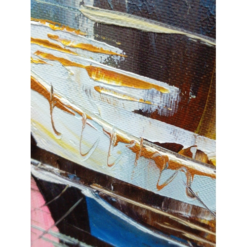 109 - A framed abstract oil painting depicting boats in a harbour; bearing the signature of 