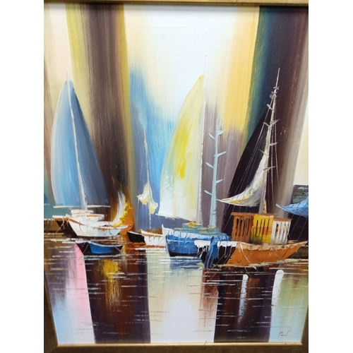 109 - A framed abstract oil painting depicting boats in a harbour; bearing the signature of 