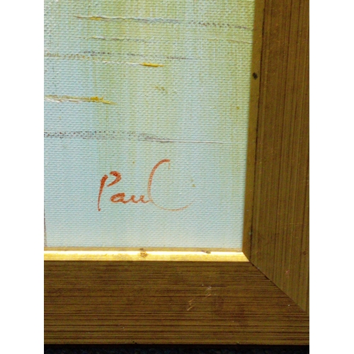 109 - A framed abstract oil painting depicting boats in a harbour; bearing the signature of 