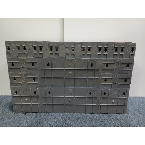 85 - A vintage workshop parts organizer cabinet full of bulbs. Height 12 inches x width 18.5 inches.