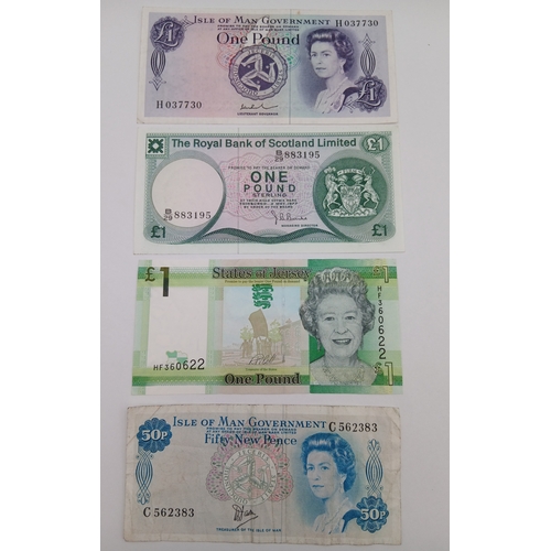 364 - A collection of four bank notes. To include, Isle of man government fifty pence note (C562383), Stat... 