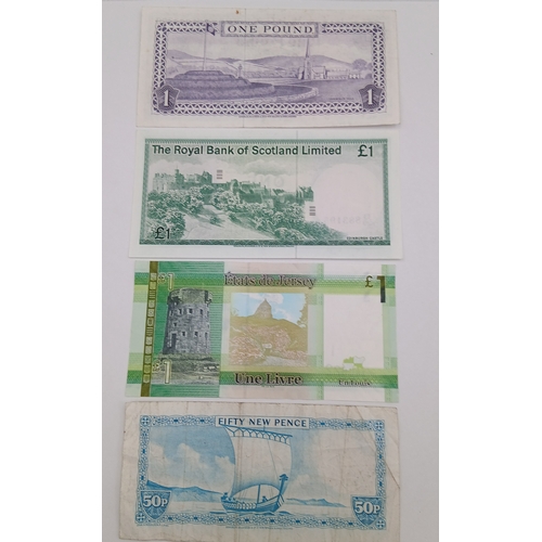 364 - A collection of four bank notes. To include, Isle of man government fifty pence note (C562383), Stat... 