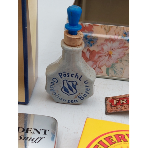 216 - A collection of vintage items, mostly snuff related. To include enamelled snuff tin, vesta case, Fry... 
