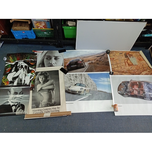 217 - A job lot of posters, to include; 3x genuine PORSCHE 911 posters (100cm x 75cm), an aboriginal style... 